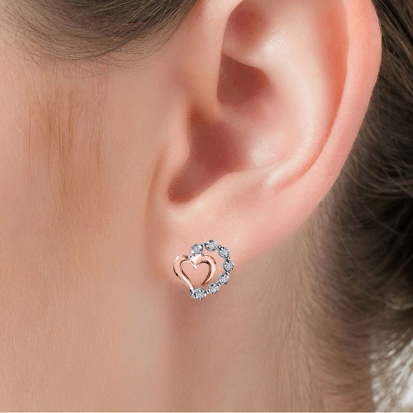 Preowned Kay Jewelers Diamond Small Heart Earrings Sterling Silver 10K Rose Gold - Picture 4 of 14
